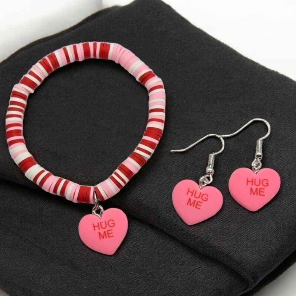 Pink Candy Heart Charm Bracelet & Earring Set ❤️ “Hug Me” Valentine (3-Piece)